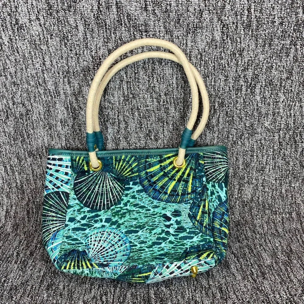 Palm‎ Island Sea Turtle Seashell Tote Bag Pouch Set Teal Blue Beach Rope Handle